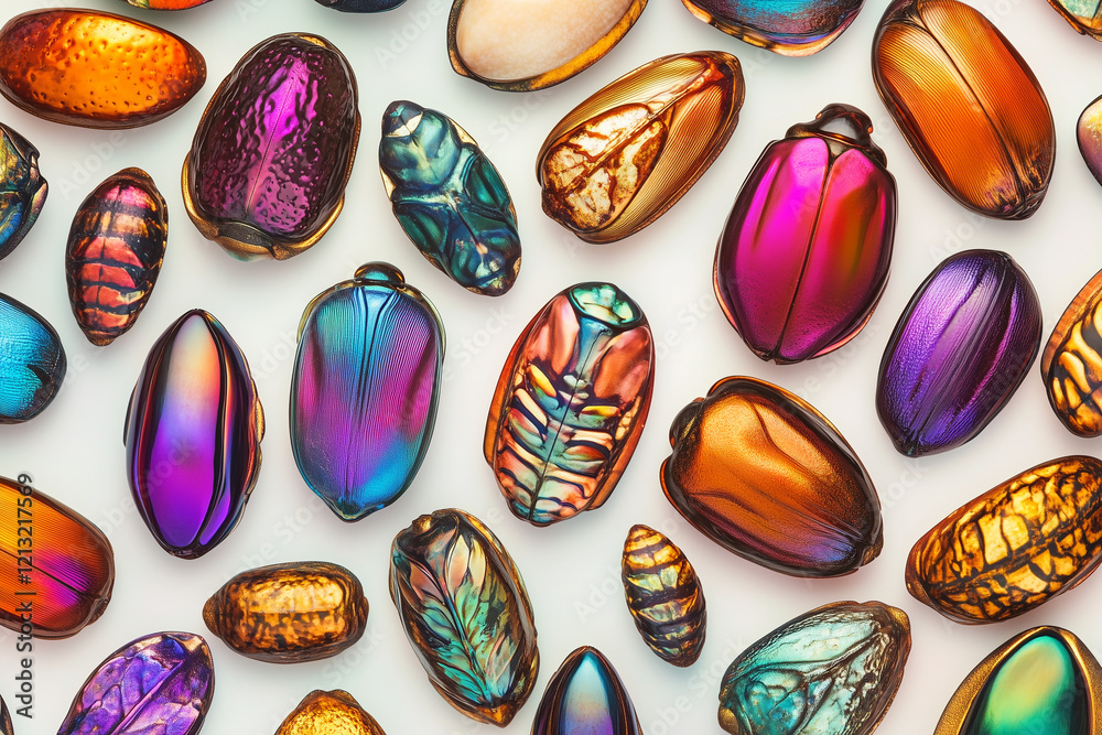 Fototapeta premium A seamless pattern with minimalistic holographic iridescent rainbow neon beetles - Glowing mirror rainbow bugs background 