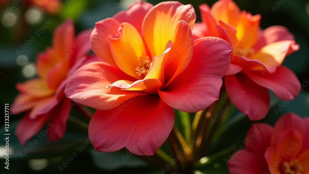 A vibrant begonia with smooth, velvety pink and orange petals. The flower contrasts beautifully with glossy green leaves, shimmering in the sunlight, creating an energetic and bold visual impact.