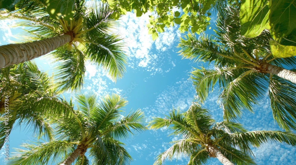 Tropical paradise Palm trees reach for a sunny sky Tropical paradise Palm trees reach for a sunny sky
