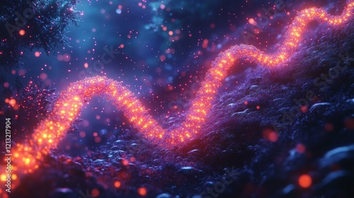 An artistic representation of chromosomal arrangement floating in a molecular environment, with DNA strands intertwining. 247