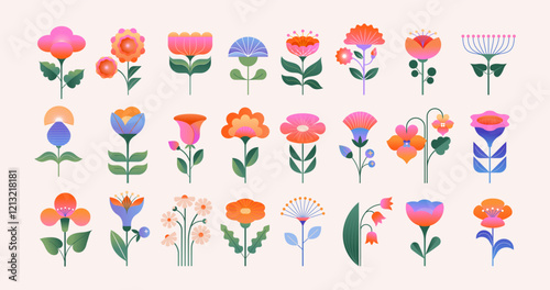 Pastel colors blooming flowers and leaves icons in flat folk geometric style. Spring, Easter, Summer theme. photo