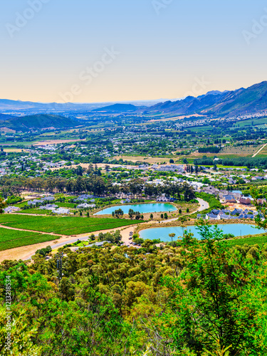 Obraz na płótnie Vertical view of the charming town of Franschhoek, nestled in a valley, Franschhoek, South Africa w salonie