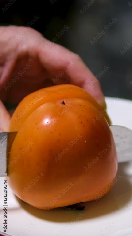 Hands slicing persimmon with a sharp knife