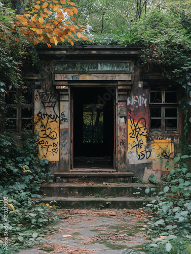 Digital documentation of an abandoned structure overrun by nature photo