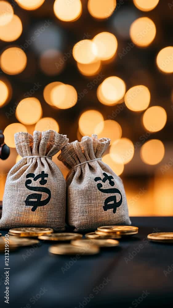 Decorative bags filled with coins against a warm bokeh background enhance the ambiance for a festive occasion