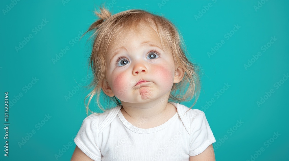 Naklejka premium Toddler girl thinking, teal background, studio portrait, child development