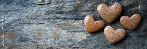 Rustic Valentines Day banner featuring natural wooden hearts arranged on textured stone background.Perfect for conveying warmth, love, for home decor, gift, romantic occasion that celebrate affection.