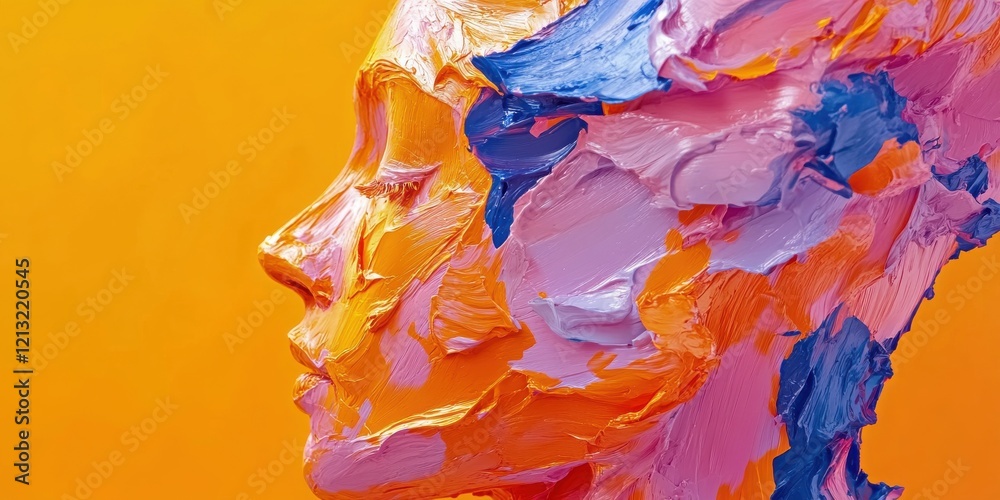 Fototapeta premium Vibrant Abstract Portrait: A colorful representation of a profile using bold strokes of orange, pink, and blue on an orange background, ideal for artistic projects.