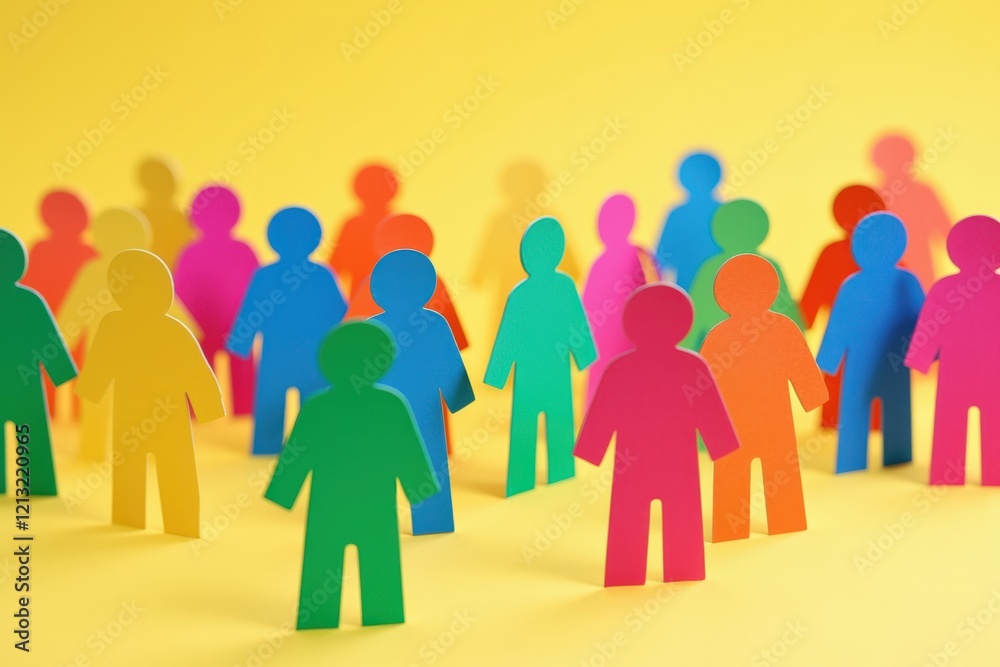 Colorful Paper Cutouts of Diverse People Representing Community, Connection, and Collaboration Against a Bright Yellow Background Colorful Paper Cutouts of Diverse People Representing Community, Connection, and Collaboration Against a Bright Yellow Background