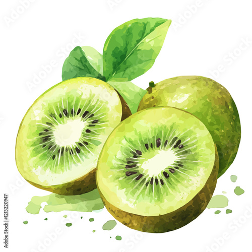 Kiwi Vine with Fruit – Exquisite Watercolor Vector Art, Botanical Kiwi Illustration, Handcrafted Natural Beauty, Stunning Fruit-bearing Vine Painting  

