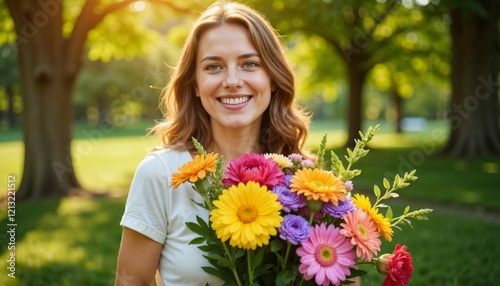 Young woman holding bouquet of flowers and smiling.