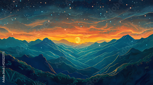 Celestial tapestry a glowing planet amidst the cosmic dance of stars and nebulae, adorned with a golden sunset over lush mountain ridges. Stellar Ridge. Illustration photo