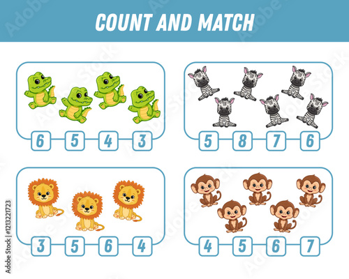 Education game for children count and match of cute cartoon animals, printable worksheet. Vector