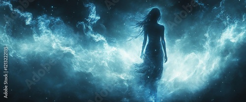 Woman walking ethereal cloudscape, fantasy art, mystic background photo