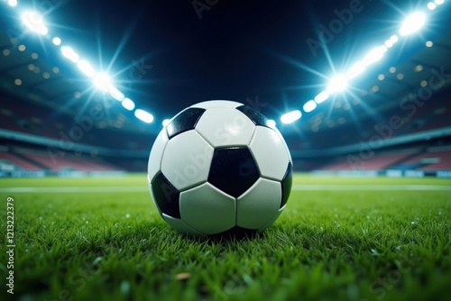 High-Quality Soccer Ball on Lush Green Field in Illuminated Stadium During Nighttime Match Atmosphere with Bright Floodlights