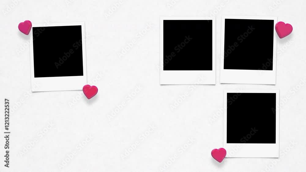 Retro Instant Photo Frames With Alpha And Floating Hearts On Paper Background Loop