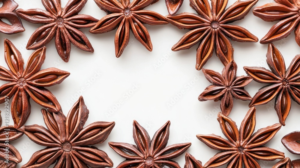 A decorative arrangement of star anise pods on a white background.
