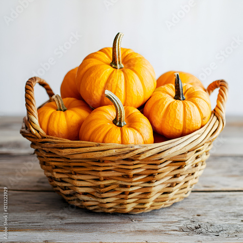 Wallpaper Mural Small orange pumpkins in a woven basket. Autumn harvest, fall colors, rustic setting. Torontodigital.ca