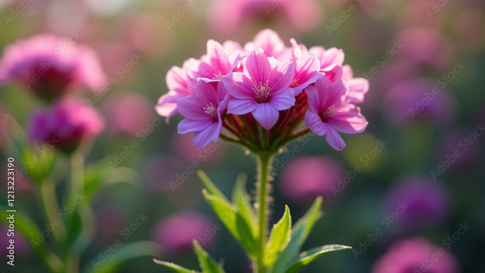Fototapeta premium A vibrant verbena flower with small, ruffled petals in pink, purple, and white clusters. The flower’s lively colors glow in soft sunlight, creating a cheerful and textured floral display.