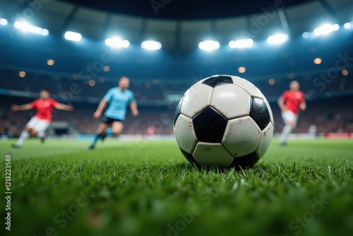 Dynamic Close-up of a Soccer Ball on Green Grass with Players in Action During an Exciting Match, Capturing the Thrill of the Game