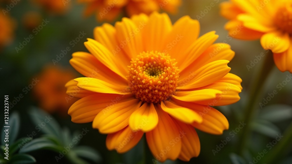 A vibrant orange calendula with textured, round petals radiating outward. The central yellow stamens contrast with the bold petals, creating a lively and cheerful floral glow in soft sunlight. A vibrant orange calendula with textured, round petals radiating outward. The central yellow stamens contrast with the bold petals, creating a lively and cheerful floral glow in soft sunlight.