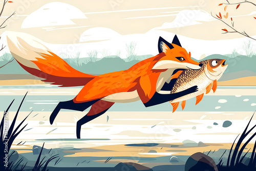 A bright orange fox dashes across a frozen pond, holding a fish in its mouth. The dynamic movement is complemented by soft, muted tones of the background with hints of autumn leaves.