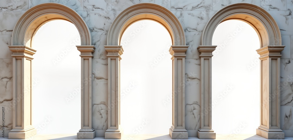 Naklejka premium Antique style white marble arches form classic facade. Empty space between columns. Classic design with three arched openings. Elegant, timeless architecture. Suitable for products, banners,