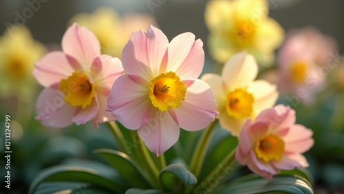 A primula flower with soft pastel petals in lavender, yellow, and pink. The delicate petals glow in the sunlight, creating a peaceful spring atmosphere with their gentle radiance and vibrant centers.