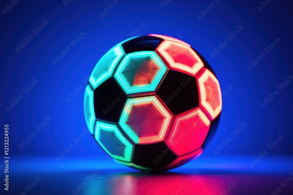 Obraz premium Futuristic Glowing Soccer Ball on Neon Background with Vibrant Colors, Symbolizing Sports and Innovation in Athletics