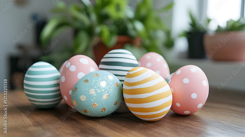 Fototapeta premium Colorful Polka-Dot and Glitter Easter Eggs on a Rustic Wooden Table