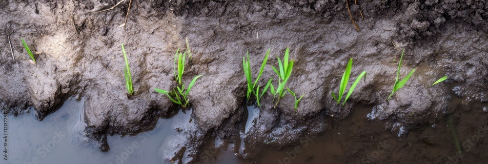 Small green grass blades emerging from muddy soil near water edge close-up Small green grass blades emerging from muddy soil near water edge close-up