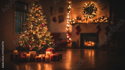 Cozy Christmas living room, glowing tree, fireplace, gifts