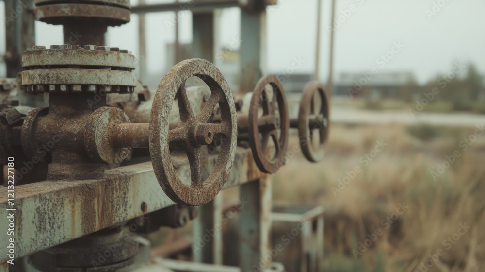 Rusty industrial valve wheels on aged metal frame outdoors. Rusty industrial valve wheels on aged metal frame outdoors.