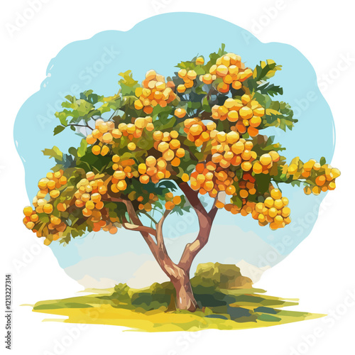 Longan Fruit Tree with Fruit – Lush Watercolor Vector Illustration for Creative Artwork  
