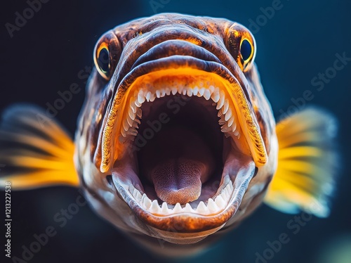 A wild Atlantic white seabream, Diplodus sargus, smiles and displays its teeth to a spearfisher while hunting underwater, evoking the appearance of Pacu teeth from the Amazon photo