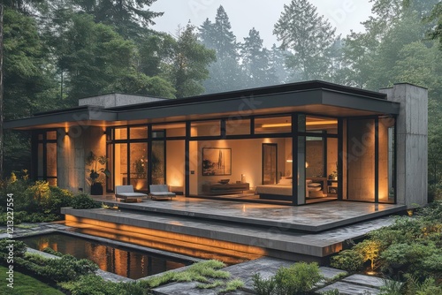 modern minimalist singlestory home with clean lines large windows natural materials surrounded by landscaped garden warm evening light