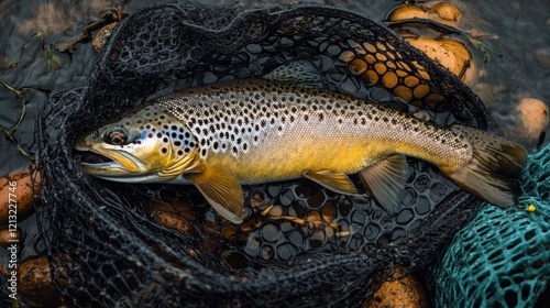A Marble Trout, a rare catch, held in a fishing net, about to be let go