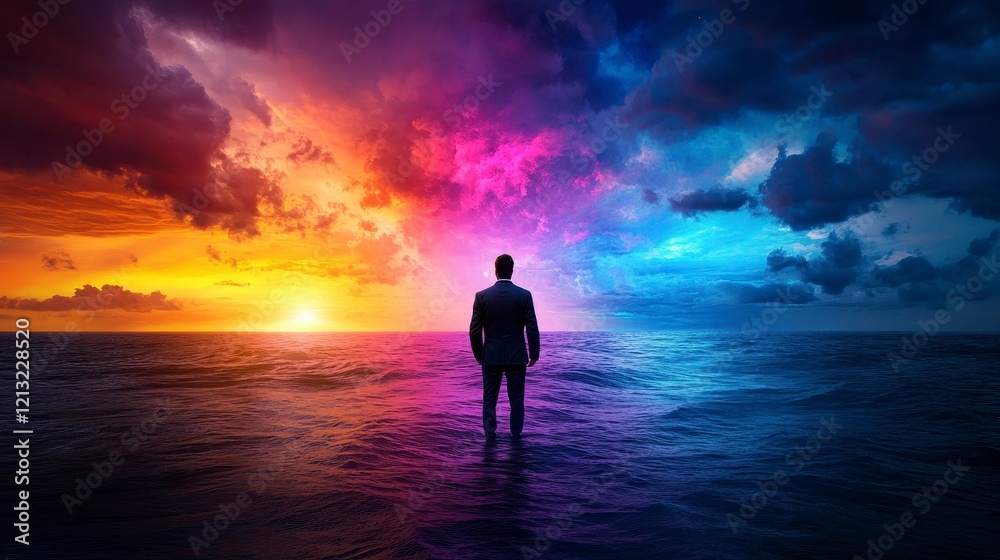 A contemplative figure in a suit stands in the ocean at sunset, surrounded by vibrant skies A contemplative figure in a suit stands in the ocean at sunset, surrounded by vibrant skies