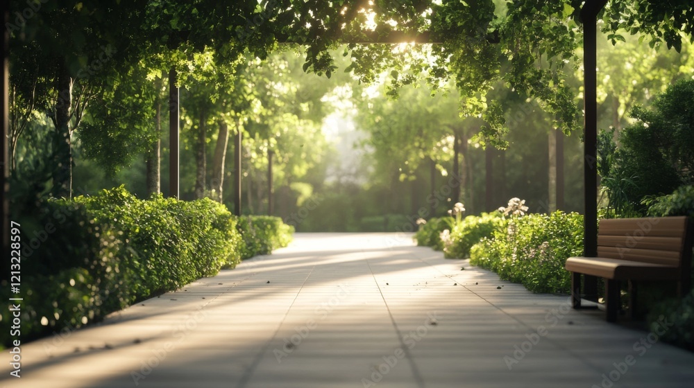 Fototapeta premium Sunlit park path with bench, lush greenery, and trees.