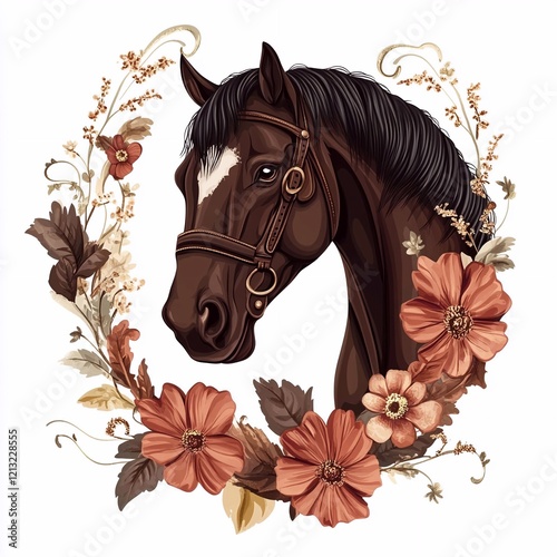 horse with flowers, horseshoe made of flowers with a horse on a white background, retro style.horseshoe, brown horse