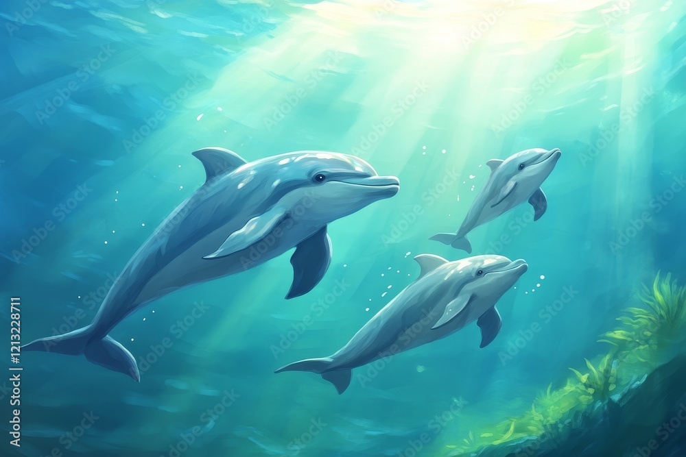 Fototapeta premium A pod of dolphins surfaces to play amidst the ocean