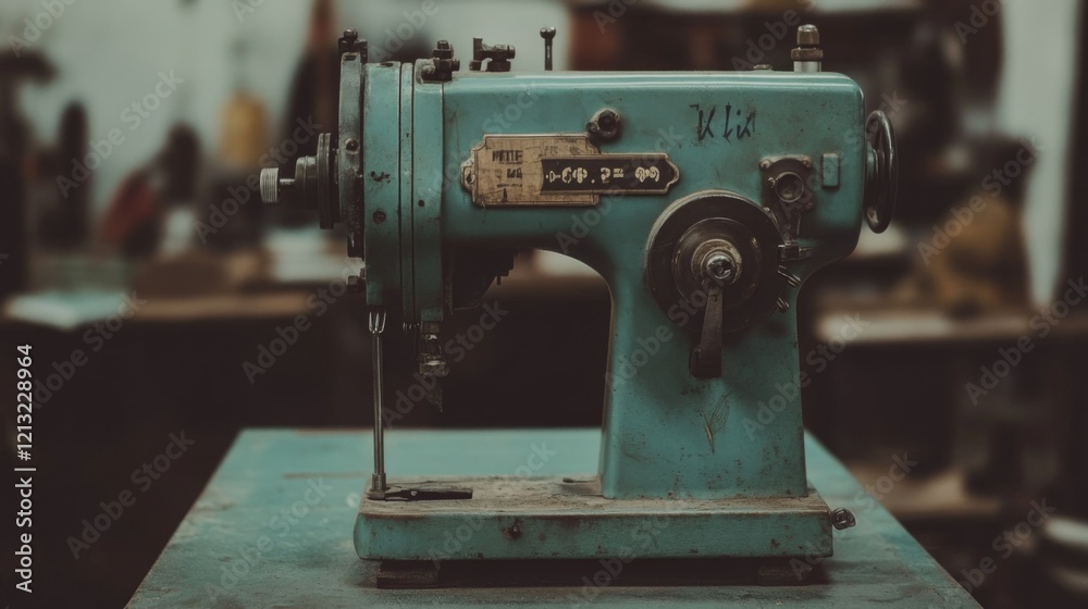 Fototapeta premium Vintage teal sewing machine on table in workshop.