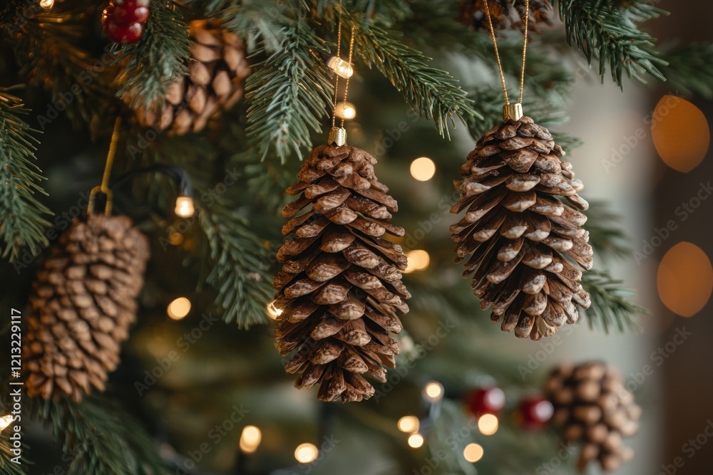 Rustic pine cone ornaments hang on Christmas tree with warm lights Rustic pine cone ornaments hang on Christmas tree with warm lights