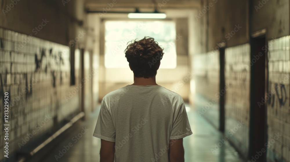 Naklejka premium Young man walking down a long hallway, looking towards the light at the end.