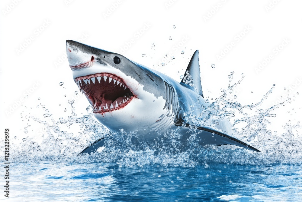 Naklejka premium A shark leaping out of the water with a splash, presented in PNG with a clear background suitable for ocean and marine life imagery