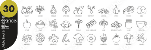 Superfoods, healthy food, detox, diet editable stroke thin line icons set. Kale, berries, spinach, parsley, nuts, beetroot, ginger, salmon, peas, honey, yogurt. Outline icons, vector illustration