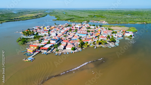 Isla de Mexcaltitan showing colorful houses and boats surrounded by mangroves. Nayarit State, Mexico