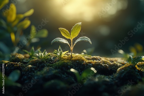 New plant sprout emerging from moist soil in a sunlit forest during early morning photo