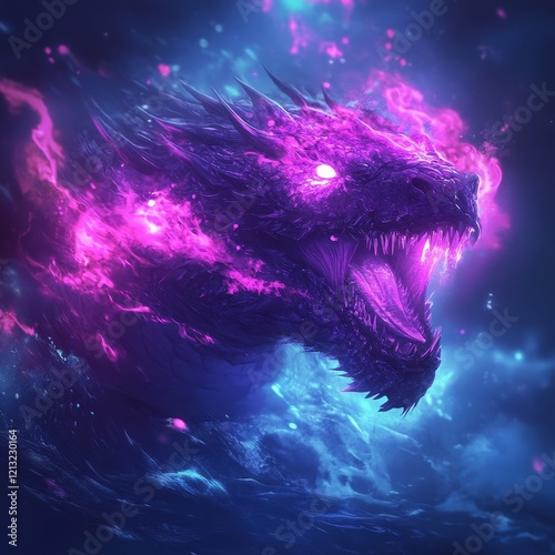 A fantastical creature with a dragon head and purple scales hunts deep underwater as a sea monster photo