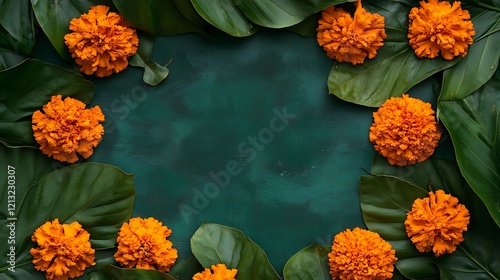 Flower Rangoli Made with Marigold and Mango Leaves with Copy Space